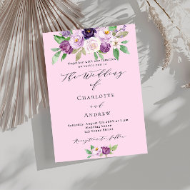 Roze paarse bloemen groen script luxe trouwen kaart