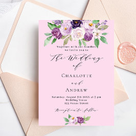 Roze paarse bloemen groen scriptuur bruiloft kaart