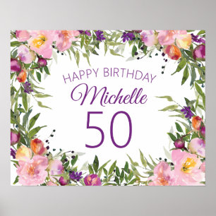 Roze Paarse Bloemen Groene Bladeren 50ste Verjaard Poster