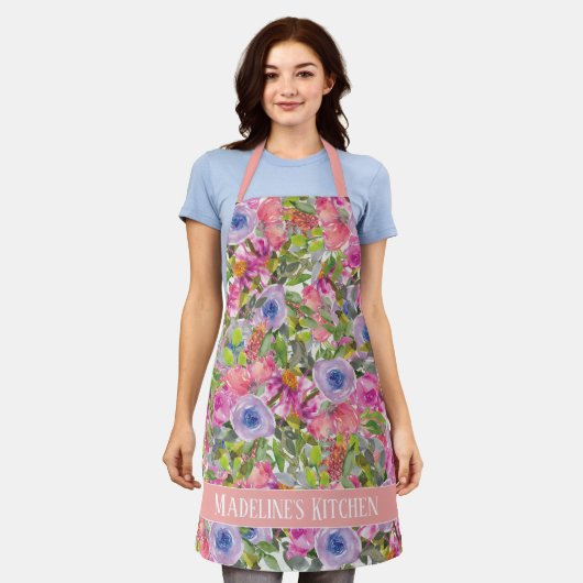 Roze Paarse Bloemen Groene Bladeren Boho Keuken Schort (Gedragen)