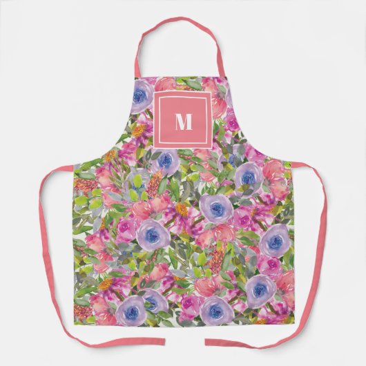 Roze paarse bloemen Groene bladeren Boho Monogram Schort (Voorkant)