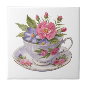 Roze Paarse Bloemen in Tea Cup Antiek Vintage Tegeltje