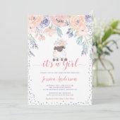 Roze Paarse Bloemen Lamb Meisje Baby shower Kaart (Staand voorkant)