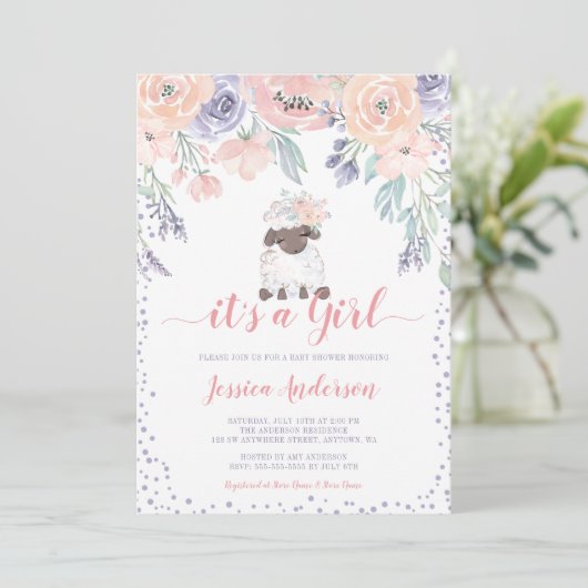 Roze Paarse Bloemen Lamb Meisje Baby shower Kaart (Staand voorkant)