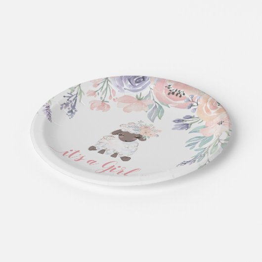 Roze Paarse Bloemen Lamb Meisje Baby shower Papieren Bordje (Gekanteld)