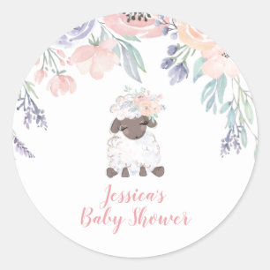 Roze Paarse Bloemen Lamb Meisje Baby shower Ronde Sticker