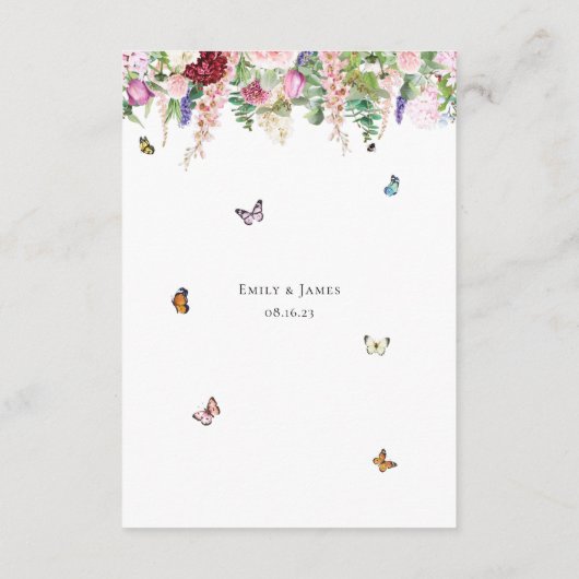 Roze paarse bloemen met botervliegen informatiekaartje (Achterkant)