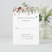 Roze paarse bloemen met botervliegen RSVP kaartje (Staand voorkant)