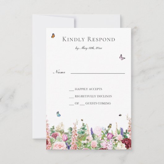 Roze paarse bloemen met Butterflies RSVP-kaart RSVP Kaartje (Voorkant)
