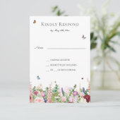 Roze paarse bloemen met Butterflies RSVP-kaart RSVP Kaartje (Staand voorkant)