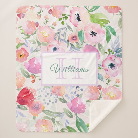 Roze paarse bloemen met naam sherpa deken (Voorkant)