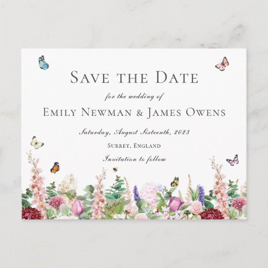 Roze paarse bloemen met vlinders Sla de datum op Briefkaart (Voorkant)