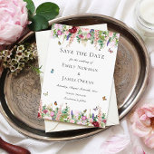 Roze paarse bloemen met vlinders Sla de datum op Save The Date