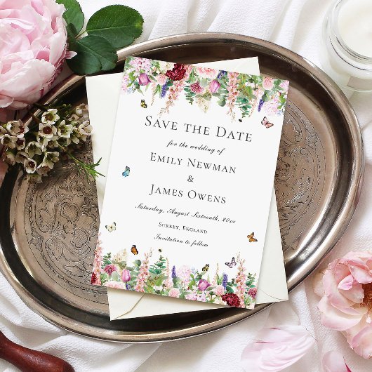 Roze paarse bloemen met vlinders Sla de datum op Save The Date