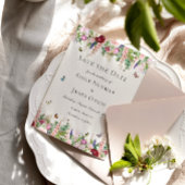 Roze paarse bloemen met vlinders Sla de datum op Save The Date