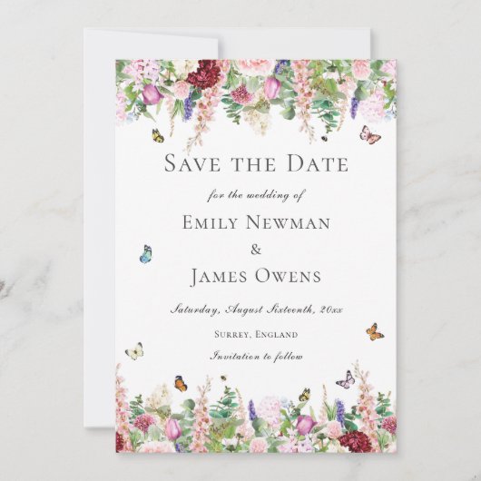 Roze paarse bloemen met vlinders Sla de datum op Save The Date (Voorkant)