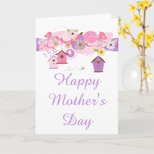 Roze & Paarse Bloemen Moederdag Kaart (Gele Bloem)
