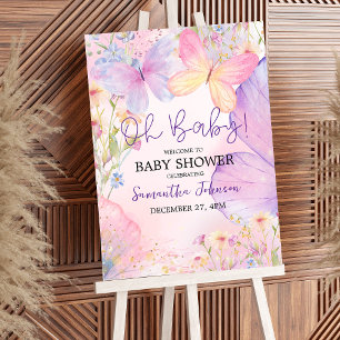 Roze Paarse Bloemen Oh Baby Vlinder Baby shower Poster