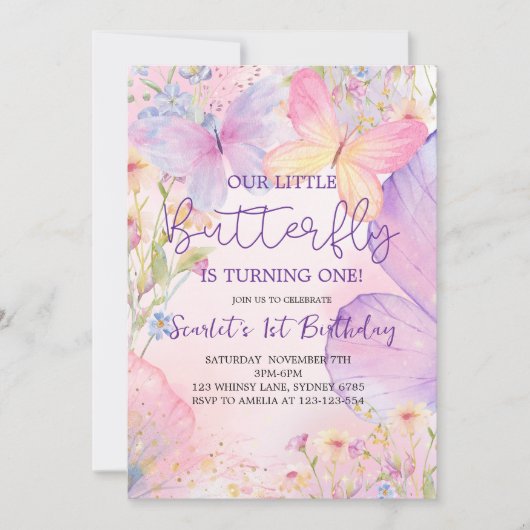 Roze Paarse Bloemen Onze Kleine Vlinder Verjaardag Kaart (Voorkant)