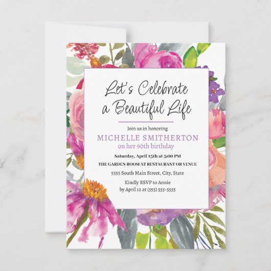 Roze Paarse Bloemen QR Code 90ste verjaardag Kaart (Voorkant)