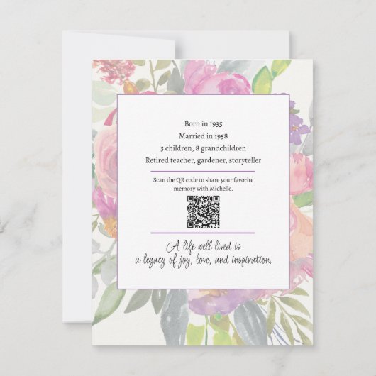 Roze Paarse Bloemen QR Code 90ste verjaardag Kaart (Achterkant)