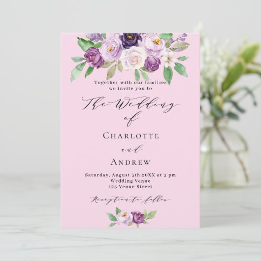 Roze paarse bloemen QR code details RSVP bruiloft Kaart (Staand voorkant)