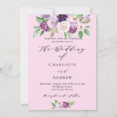 Roze paarse bloemen QR code details RSVP bruiloft Kaart (Voorkant)