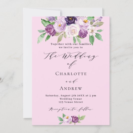 Roze paarse bloemen QR-code details RSVP bruiloft Kaart (Voorkant)