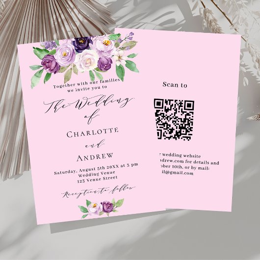 Roze paarse bloemen QR code details RSVP bruiloft Kaart