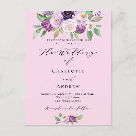 Roze paarse bloemen QR code details RSVP bruiloft Uitnodiging Briefkaart (Voorkant)