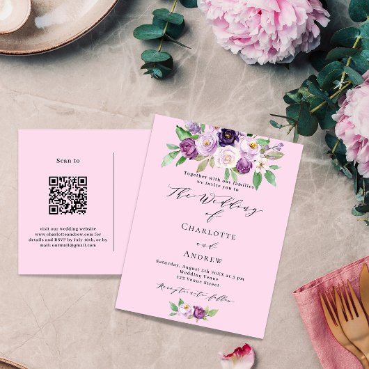 Roze paarse bloemen QR code details RSVP bruiloft Uitnodiging Briefkaart