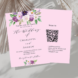 Roze paarse bloemen QR details RSVP luxe bruiloft Kaart