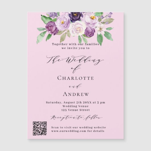 Roze paarse bloemen QR details RSVP luxe bruiloft Magnetische Uitnodiging (Voorkant)