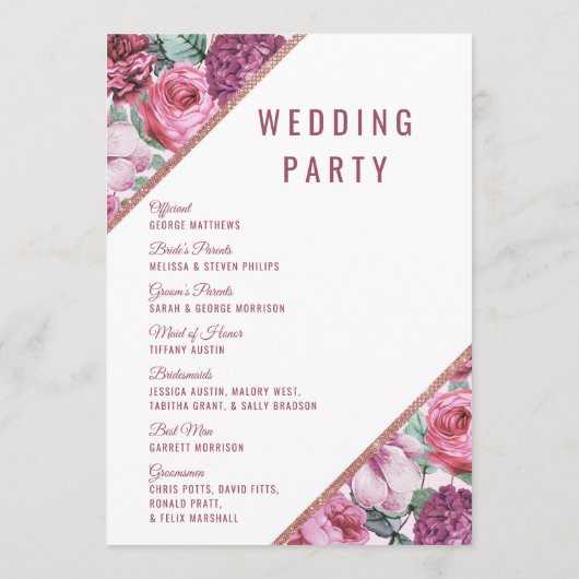 Roze Paarse Bloemen Roze Gouden Trouwprogramma Programmakaart (Achterkant)