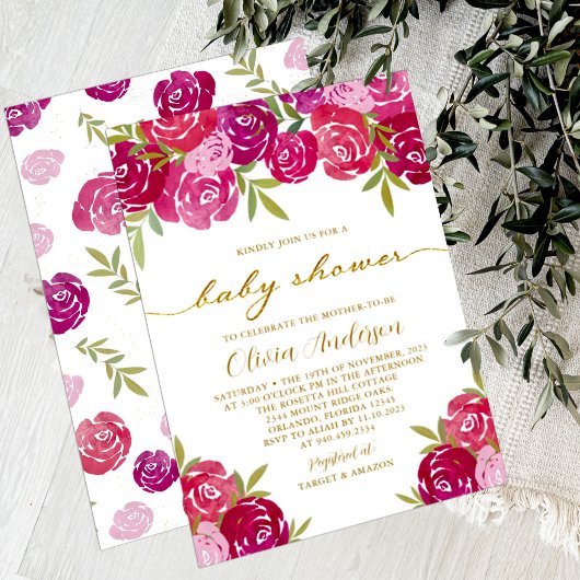 Roze & Paarse Bloemen Rozen Baby Meisje Douche Kaart