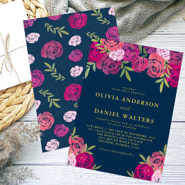 Roze & Paarse Bloemen Rozen Blauw Bruiloft Kaart