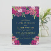 Roze & Paarse Bloemen Rozen Blauw Bruiloft Kaart (Staand voorkant)