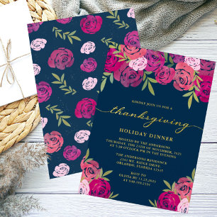 Roze Paarse Bloemen Rozen Blauw Thanksgiving Diner Kaart
