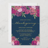 Roze Paarse Bloemen Rozen Blauw Thanksgiving Diner Kaart (Voorkant)