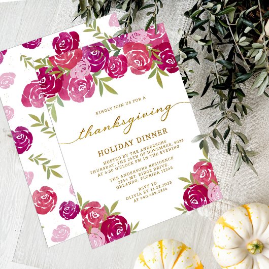 Roze & Paarse Bloemen Rozen Thanksgiving Diner Kaart