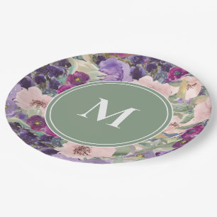Roze Paarse Bloemen Salie Groene Monogram Papieren Bordje