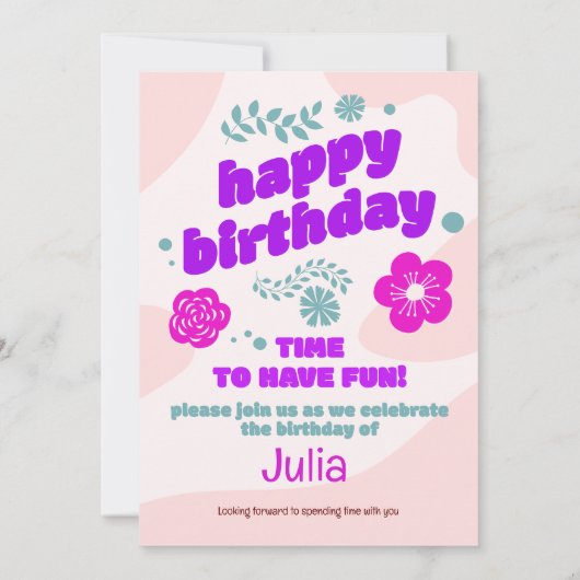 Roze, paarse bloemen verjaardag uitnodiging. bewer kaart (Achterkant)