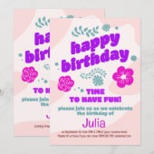 Roze, paarse bloemen verjaardag uitnodiging. bewer kaart (Voorkant / Achterkant)