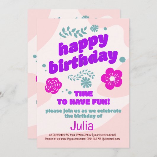 Roze, paarse bloemen verjaardag uitnodiging. bewer kaart (Voorkant / Achterkant)