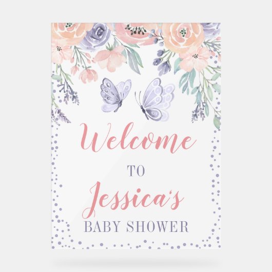Roze Paarse Bloemen Vlinder Baby shower Welkom Acryl Bord (Voorkant)