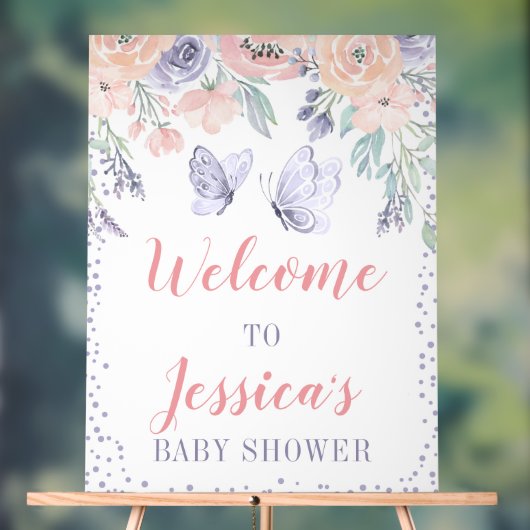 Roze Paarse Bloemen Vlinder Baby shower Welkom Acryl Bord (Neutraal)