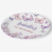 Roze Paarse Bloemen Vlinder Meisje 1e Verjaardag Papieren Bordje (Gekanteld)