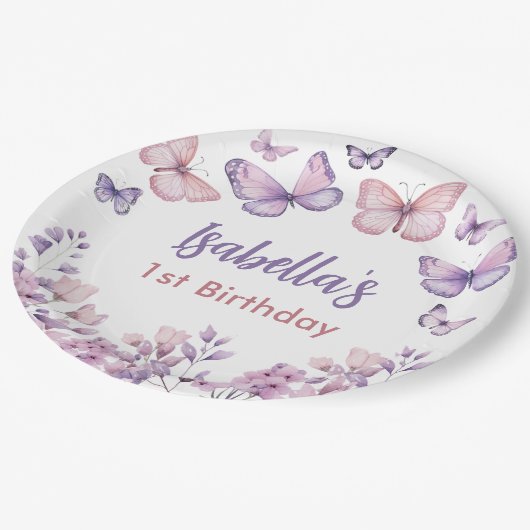 Roze Paarse Bloemen Vlinder Meisje 1e Verjaardag Papieren Bordje (Gekanteld)
