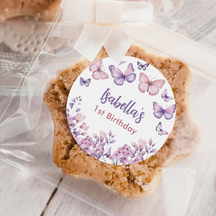 Roze Paarse Bloemen Vlinder Meisje 1e Verjaardag Ronde Sticker