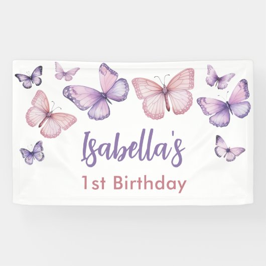 Roze Paarse Bloemen Vlinder Meisje 1e Verjaardag Spandoek (Horizontaal)